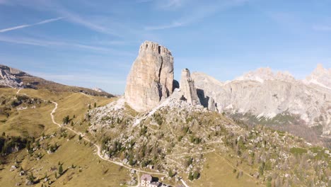 Aerial-Pullback-Reveals-Cinque-Torri,-Famous-Rock-Formation-in-Italian-Dolomites