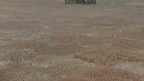 Open-Space-Evergreen-Colorado-first-snow-grassy-field-red-brown-horse-barn-aerial-drone-fall-autumn-winter-blizzard-snowy-Rocky-Mountain-front-range-Denver-historic-town-forward-reveal-motion