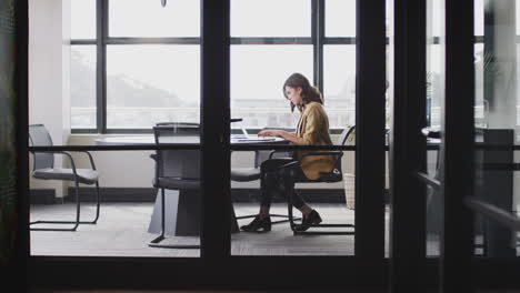 young white businesswoman working alone in an office, seen through glass wall, full length, zoom in