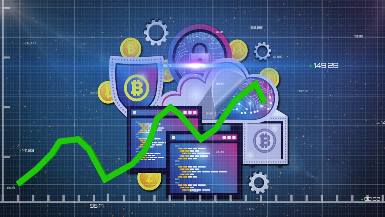 grafico verde che si muove sopra la sicurezza informatica e le icone bitcoin contro il bakground blu