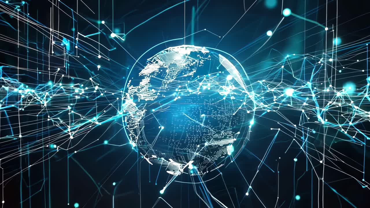 A computer generated image of a globe with a blue and green background. The globe is surrounded by a network of lines and dots, giving the impression of a complex and interconnected system
