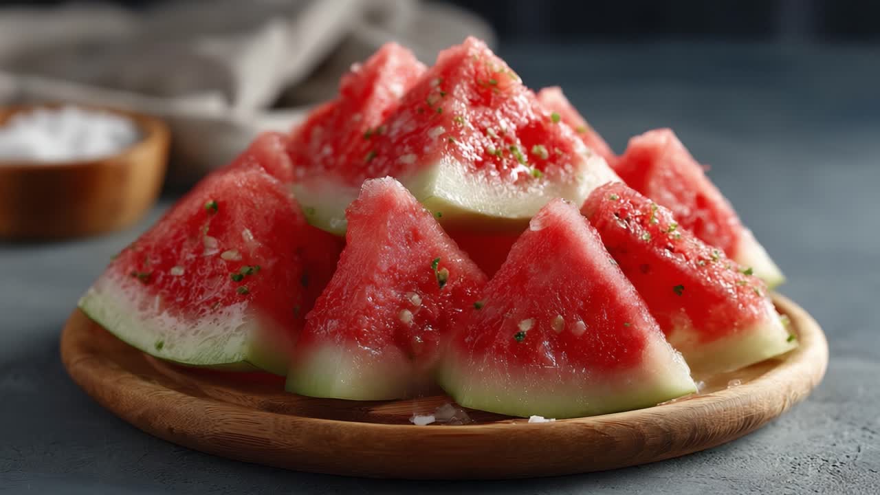 A Close-Up View of Refreshing Watermelon Slices Garnished with Herbs on a Wooden Plate, Perfect for a Summer Snack or Dessert