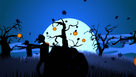 A-scary,-autumn-night.-Zombie-walking-on-the-haunted,-mysterious-graveyard-with-dark-silhouettes-of-spooky-trees-full-of-creepy-jack-o-lanterns.-Full-moon-is-raising.