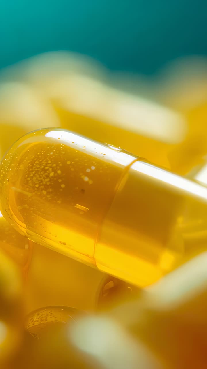 Vertical video: Shifting camera focus revealing yellow softgel at teal backdrop showing bubbles