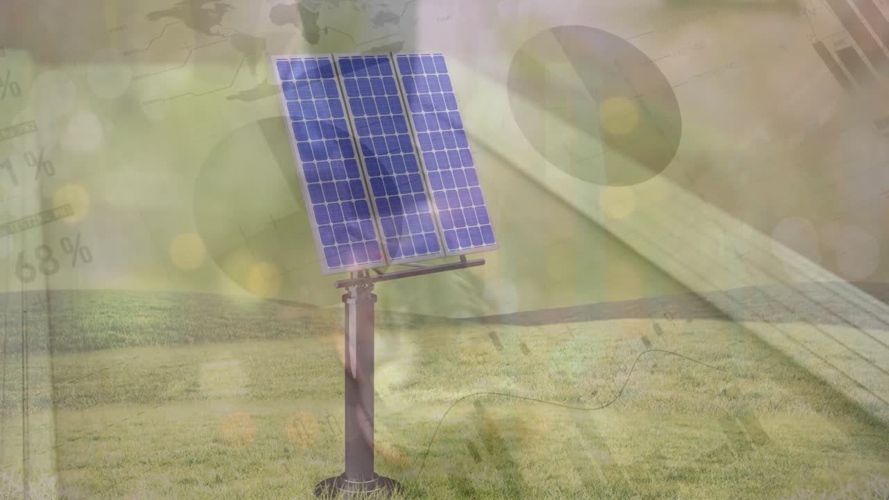 animación de la interfaz infográfica, paneles solares, piernas cortadas de un hombre caucásico caminando en una cinta de correr.