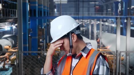 Close Up Side View Of Asian Male Engineer With Safety Helmet Having A Headache While Standing In Factory Manufacture of Wind Turbines
