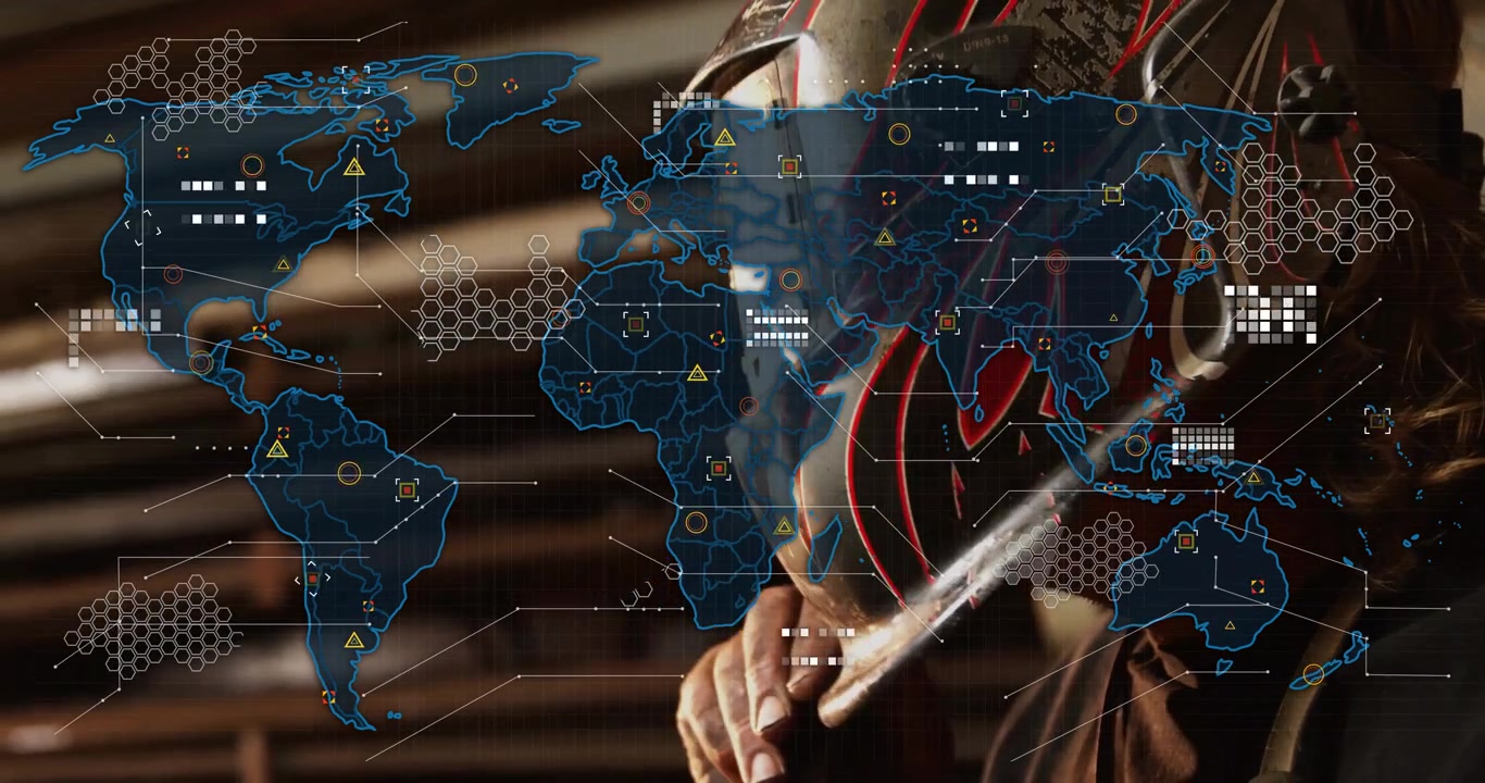 Welder lifting helmet to inspect weld, activating industrial world map overlay with lit data nodes