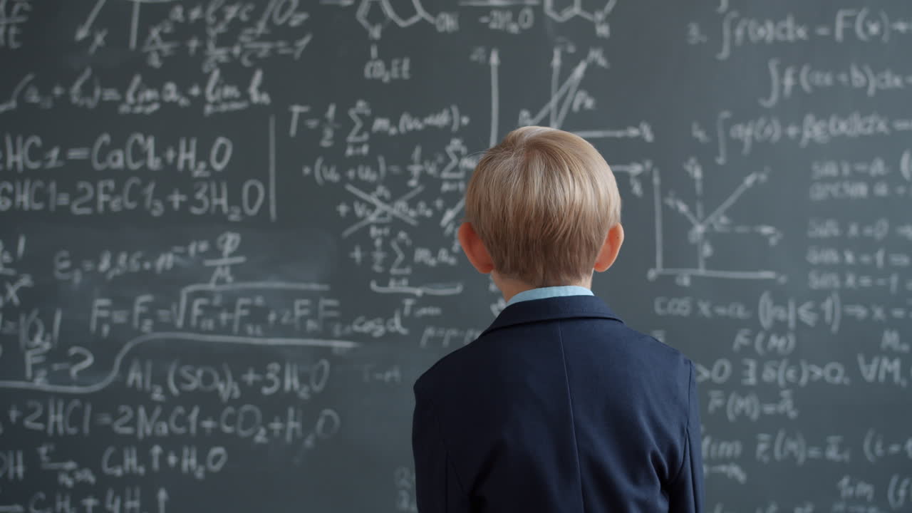 Child Studying Math Formulas on a Chalkboard