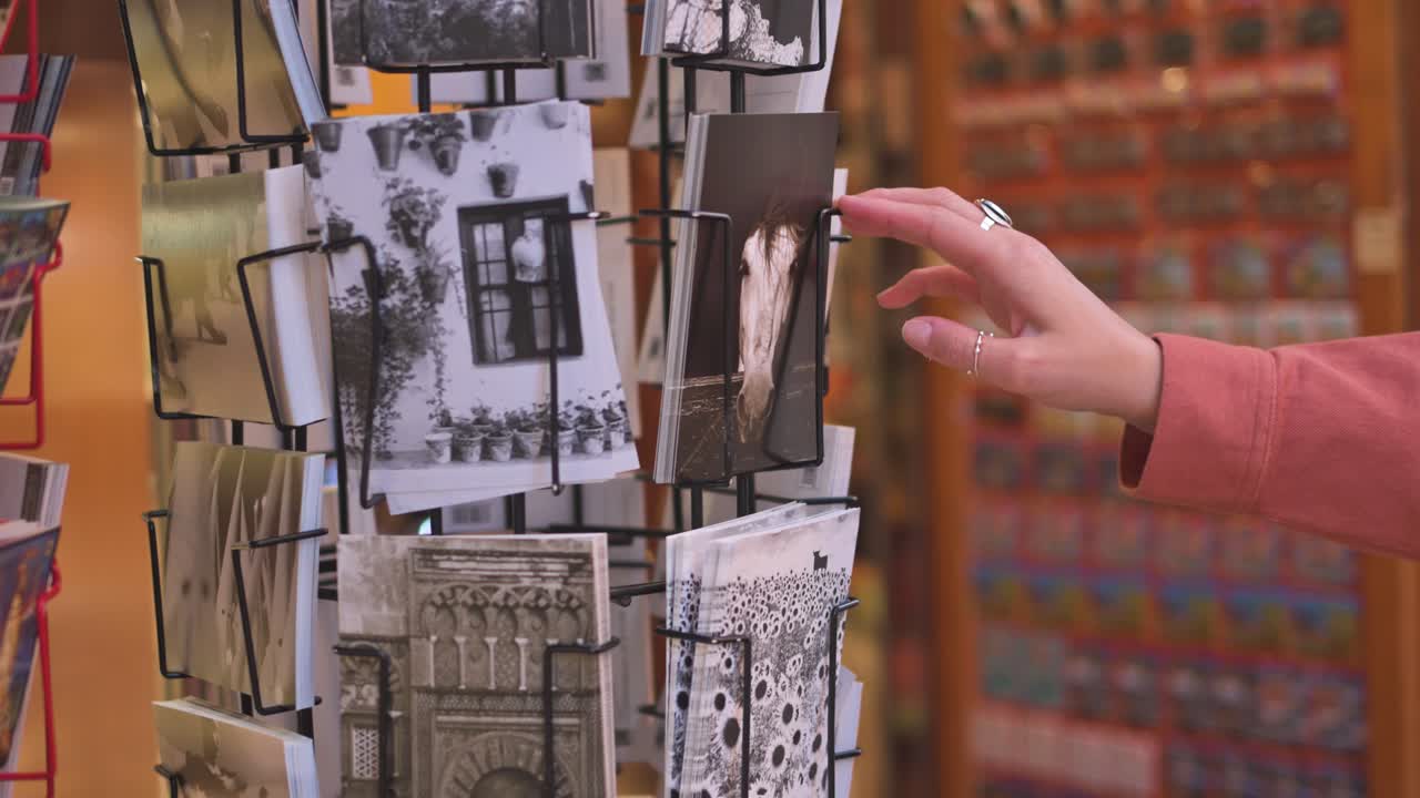 In the heart of Málaga, a young tourist pauses to browse a stand full of colorful postcards.