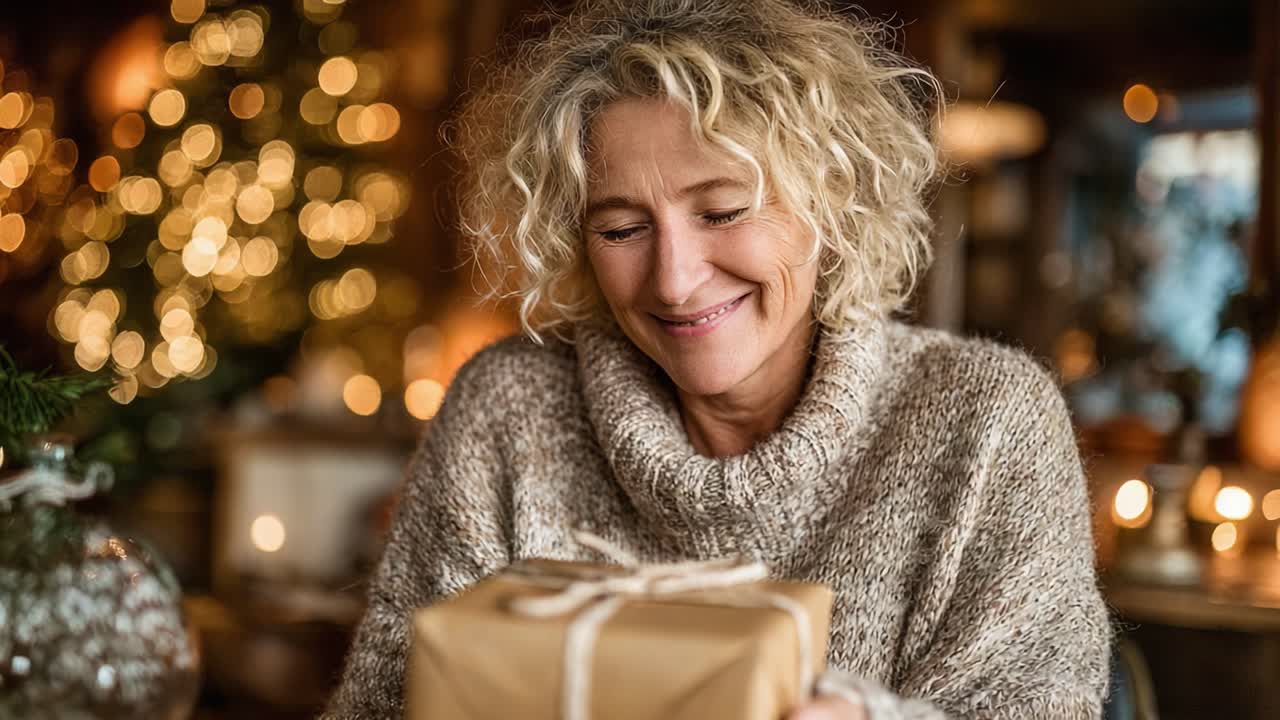 A Joyful Moment of Surprise: A Woman Delightfully Unwrapping a Gift with Warmth and Cheer Amidst Beautiful Holiday Decor