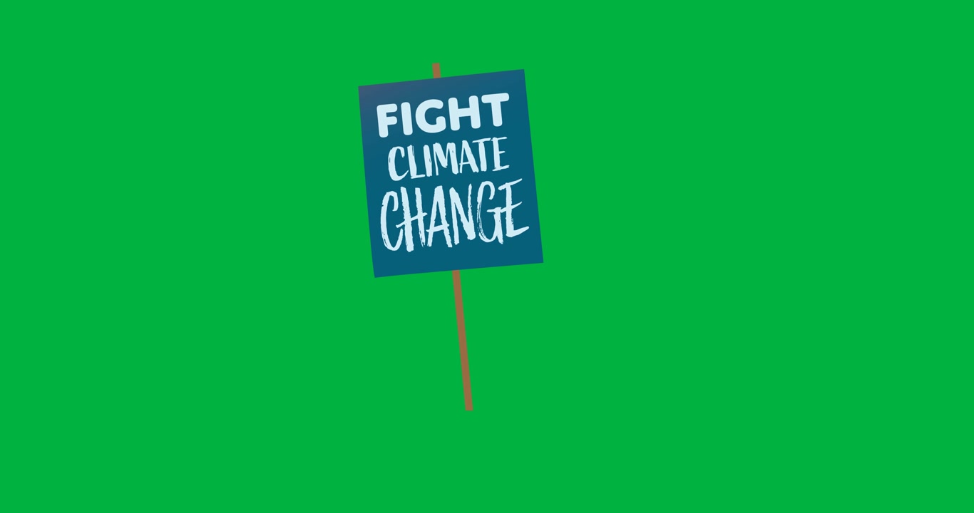Animación digital de pancarta de protesta con texto 'lucha contra el cambio climático' sobre fondo negro