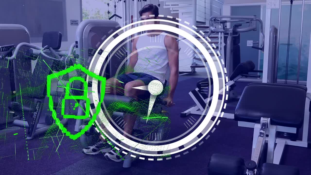 체육관에서 운동하는 백인 남성에 대한 데이터 처리 애니메이션