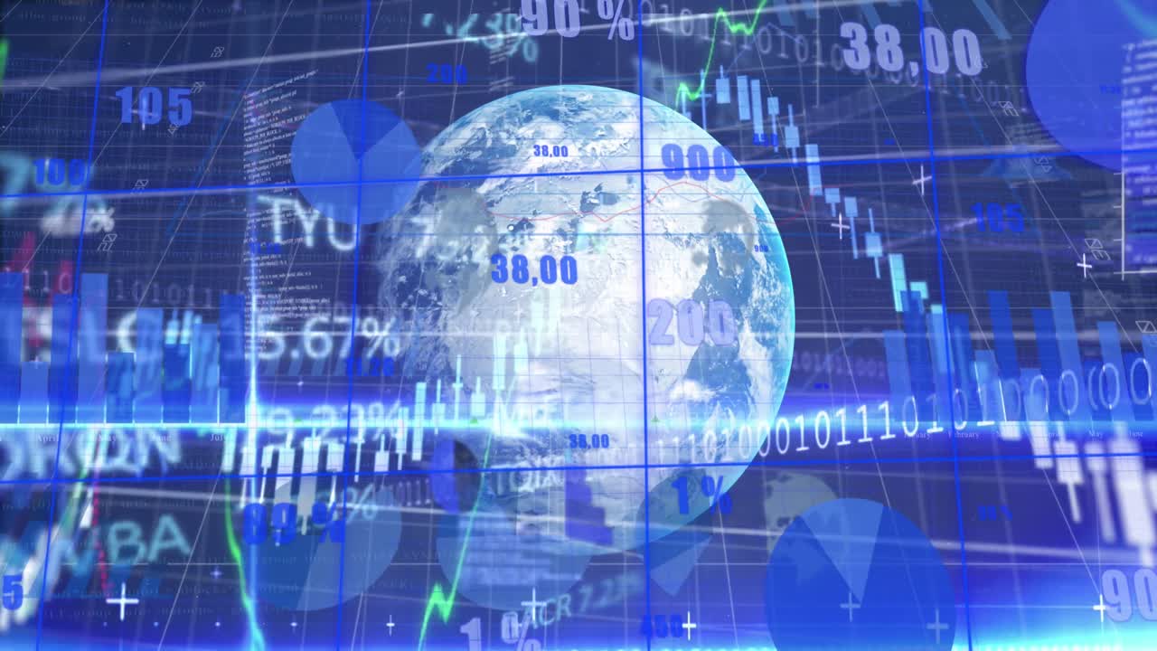 Animazione di elaborazione dati su globo e codice binario