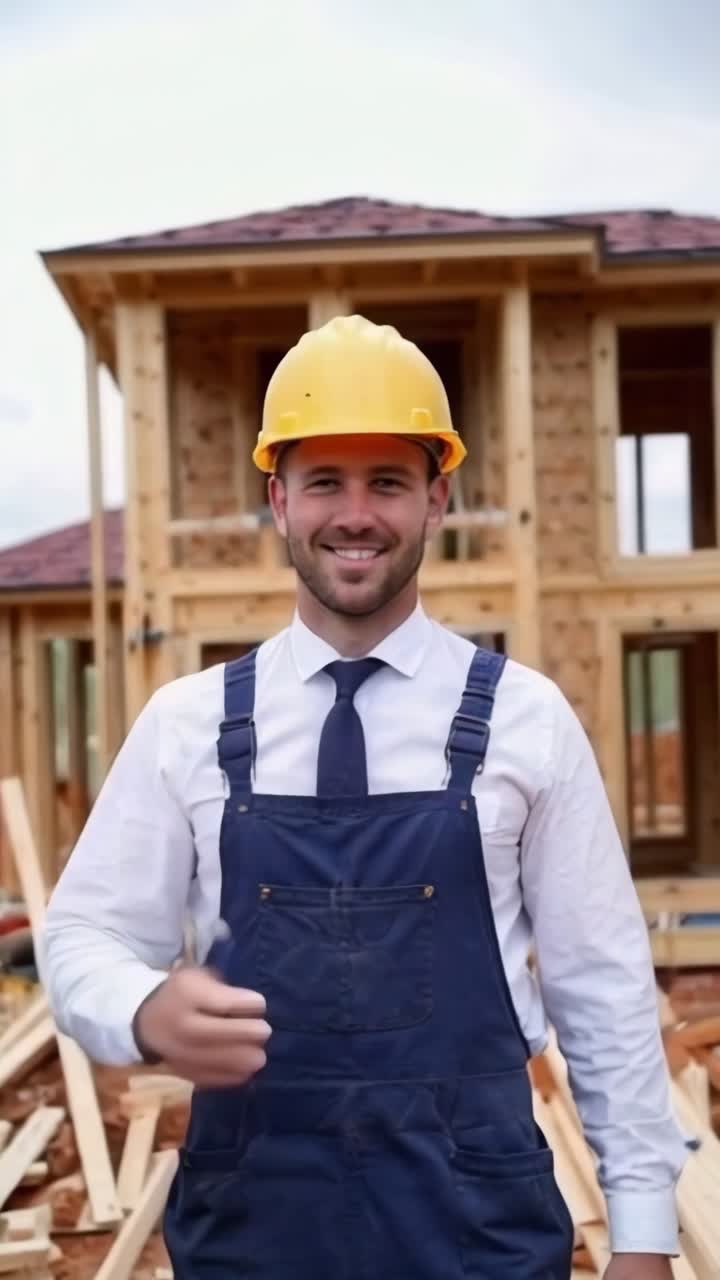 A builder with helmet and work overalls looking at the camera, smiling and gives a thumbs-up.