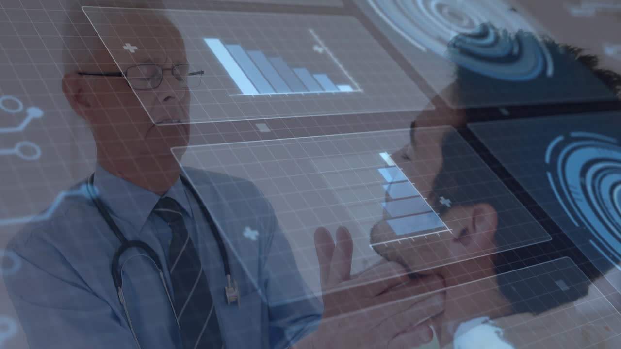 Senior doctor examining patient throat showing holographic medical charts, graphs network diagrams