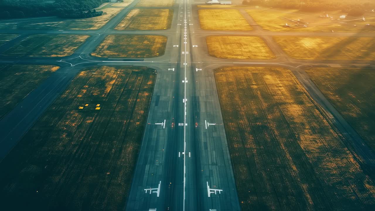 Warm sunlight bathing empty airport runway. Revealing precise markings and surrounding landscape from aerial perspective. Capturing serene morning moment with golden light spreading across open field