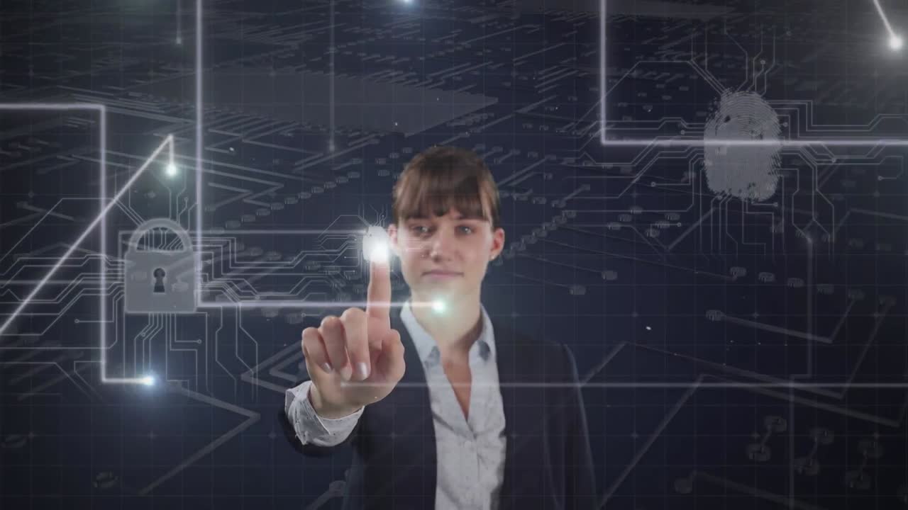 통합 회로, 조명 및 디지털  ⁇ 락의 애니메이션 백인 사업가