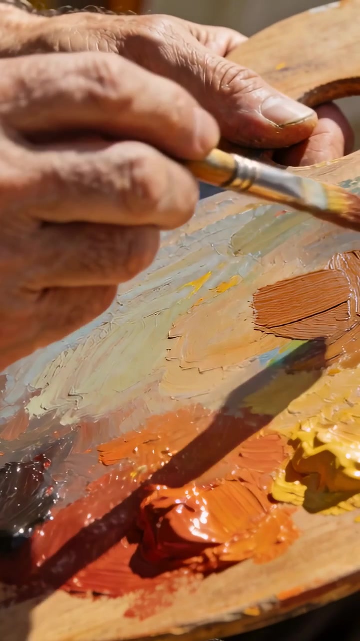 Video verticale: Artista che tiene ferma la tavolozza con il pollice sinistro nel foro, caricando il pennello con pittura rossa in studio.