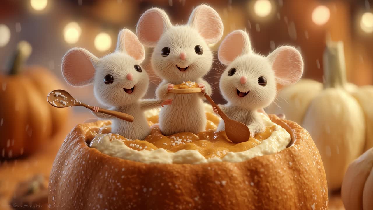 Three Charming Mice Celebrate Autumn with Sweet Treats, Smiles, and Warmth in a Festive Kitchen Filled with Cozy Decorations and Seasonal Delights
