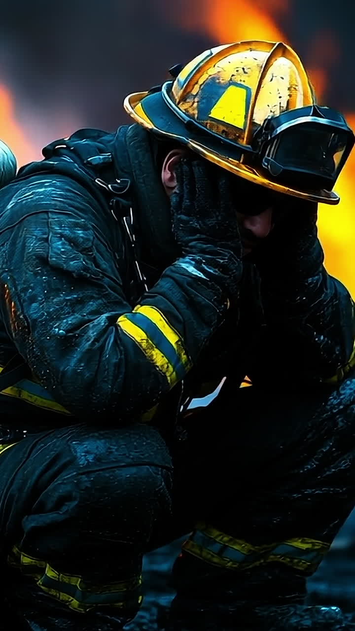 Firefighter rests amid flames. Firefighter kneels on the ground, visibly exhausted and covered in soot, near roaring flames in a dramatic fire scene.