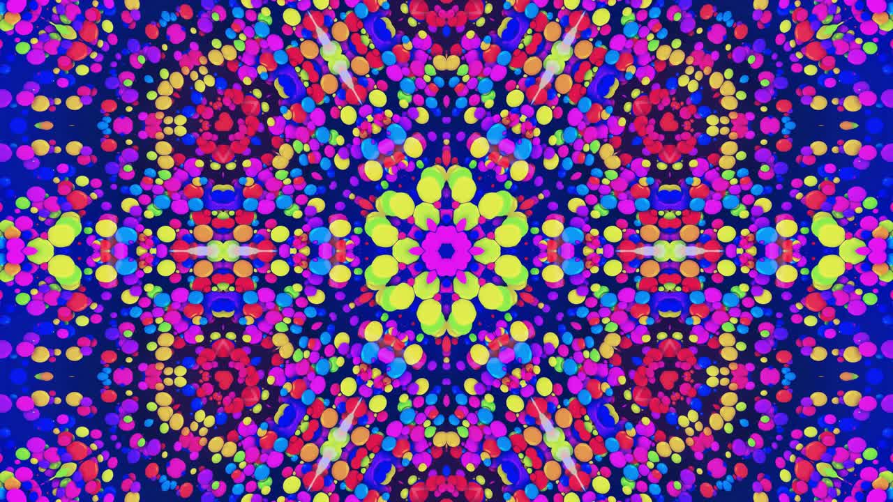 Star symmetry. Kaleidoscope effect from wavy shiny liquid surface with distorted circles float like drops of paint in oil. Creative background with multicolor gradient in 4k. 3d