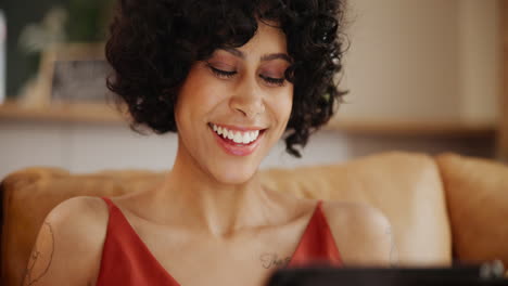 happy woman using tablet