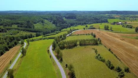 Aerial-Shot-of-Curvy-Country-Road-Surrounded-by-Fields-and-Trees