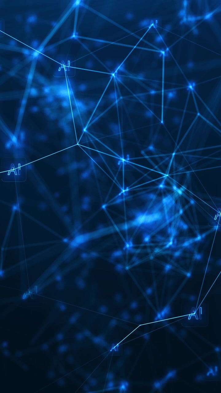 Fondo azul de nodos de red de IA con líneas poligonales luminosas, puntos conectados y tecnología oscura