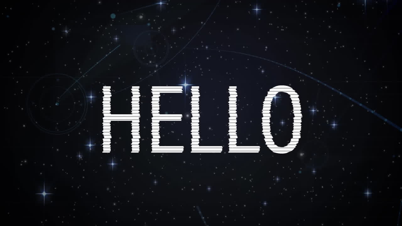 Animation of hello over stars and black background