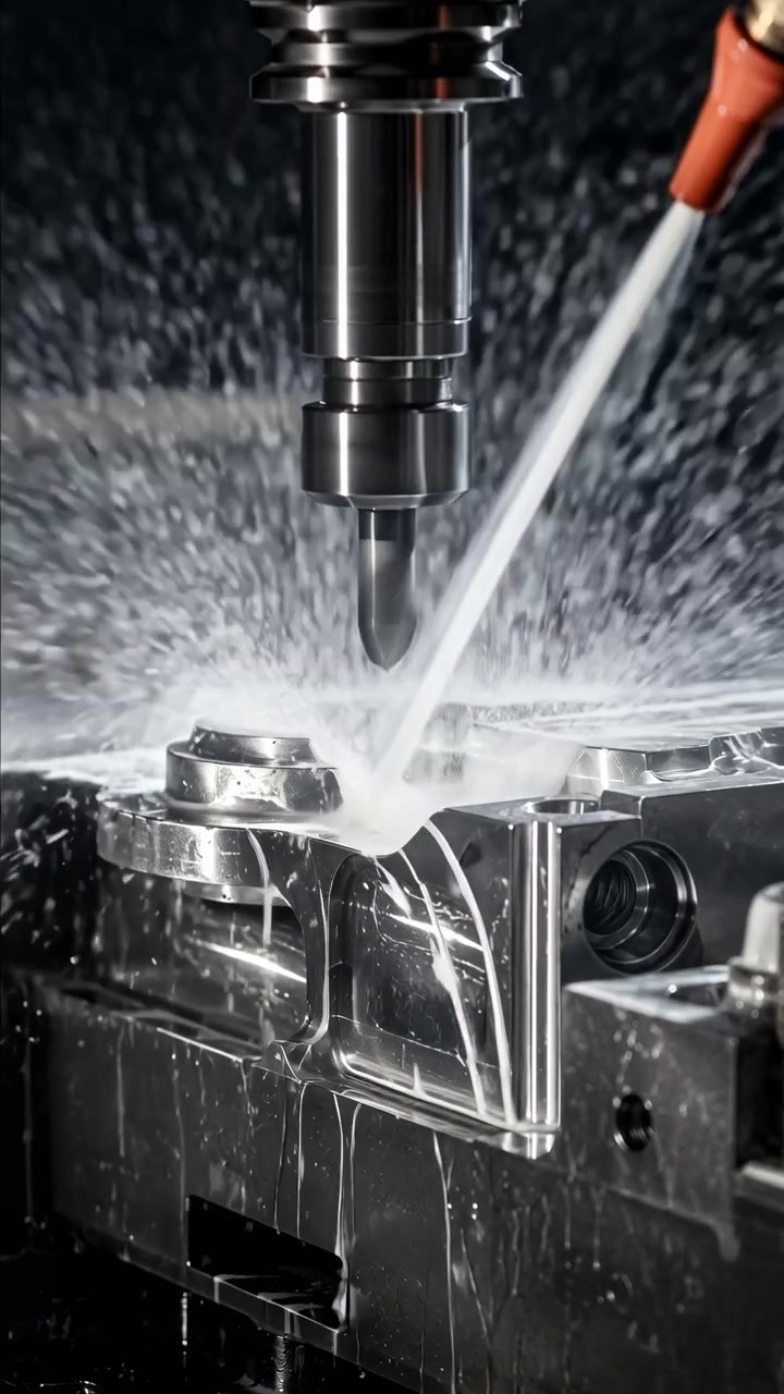 Vista ravvicinata verticale di un utensile di fresatura CNC che taglia un pezzo in acciaio lucidato con un forte getto di refrigerante e nebbia densa all'interno di un'officina buia, evidenziando superfici metalliche riflettenti e ingegneria di precisione.