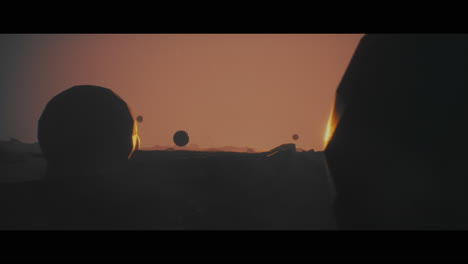 alien planet desert landscape during sunset with strange sphere-shaped buildings