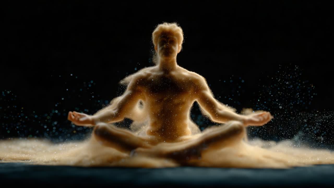 Figura meditativa circondata da un'aura mistica di sabbia, che mostra la connessione tra corpo, mente e natura, catturata in una splendida composizione visiva