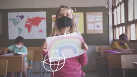 animation of mathematical equations over girl wearing face mask in classroom showing drawing