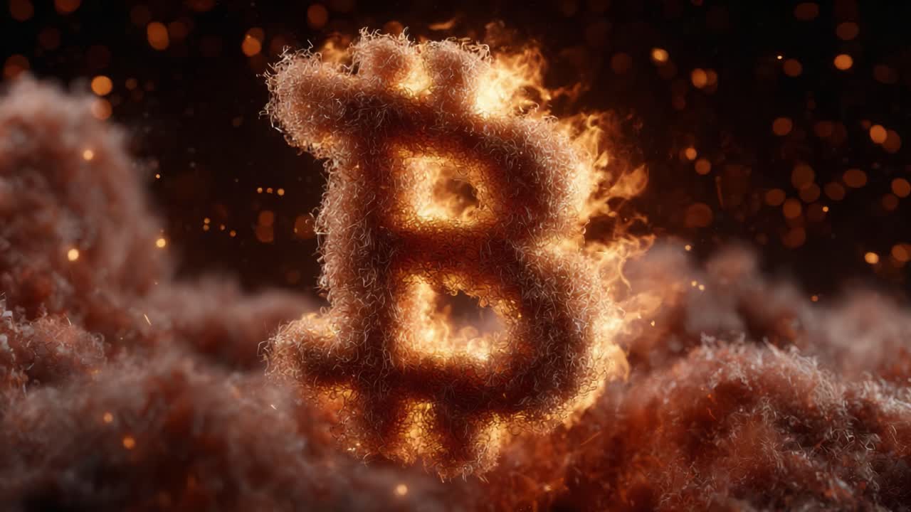 A Dramatic Representation of Bitcoin Symbol Embellished with Fiery Sparks and Ethereal Cloud Effects, Illustrating the Essence of Cryptocurrency