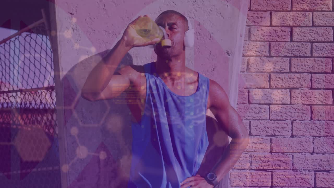 헤드폰을 착용하고 물을 마시는 아프리카계 미국인에 대한 의료 데이터 처리