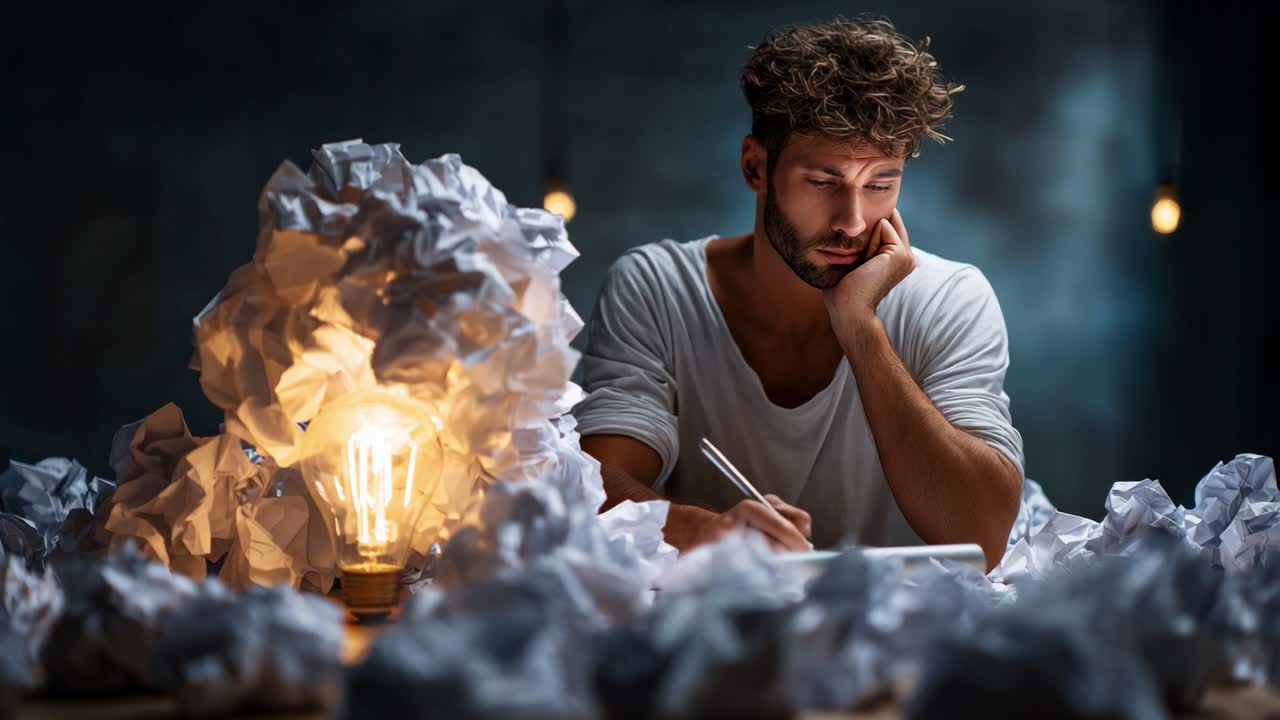 A focused individual surrounded by crumpled paper, illuminated by a glowing light bulb, contemplates and writes creatively amidst a chaotic, cluttered atmosphere of inspiration