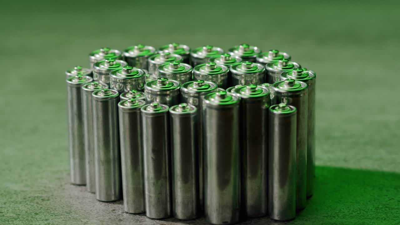 Silver batteries AA and AAA in neon light close-up. Double-A battery is a standard size single cell cylindrical dry battery. Batteries are common in portable electronic devices. An AA battery is composed of a single electrochemical cell that may be either a primary battery or a rechargeable battery.