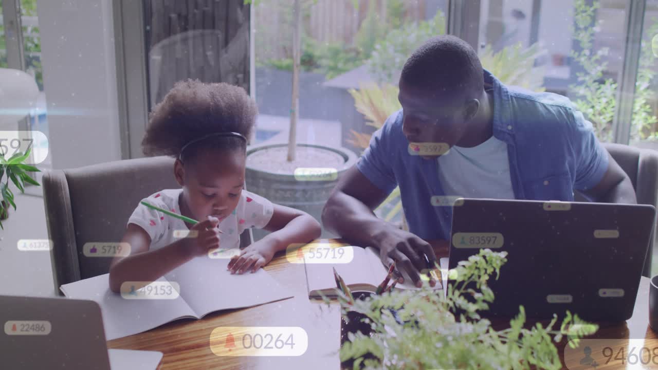 Dad pointing at notebook as child picking pencil and writing homework, badges floating over screen