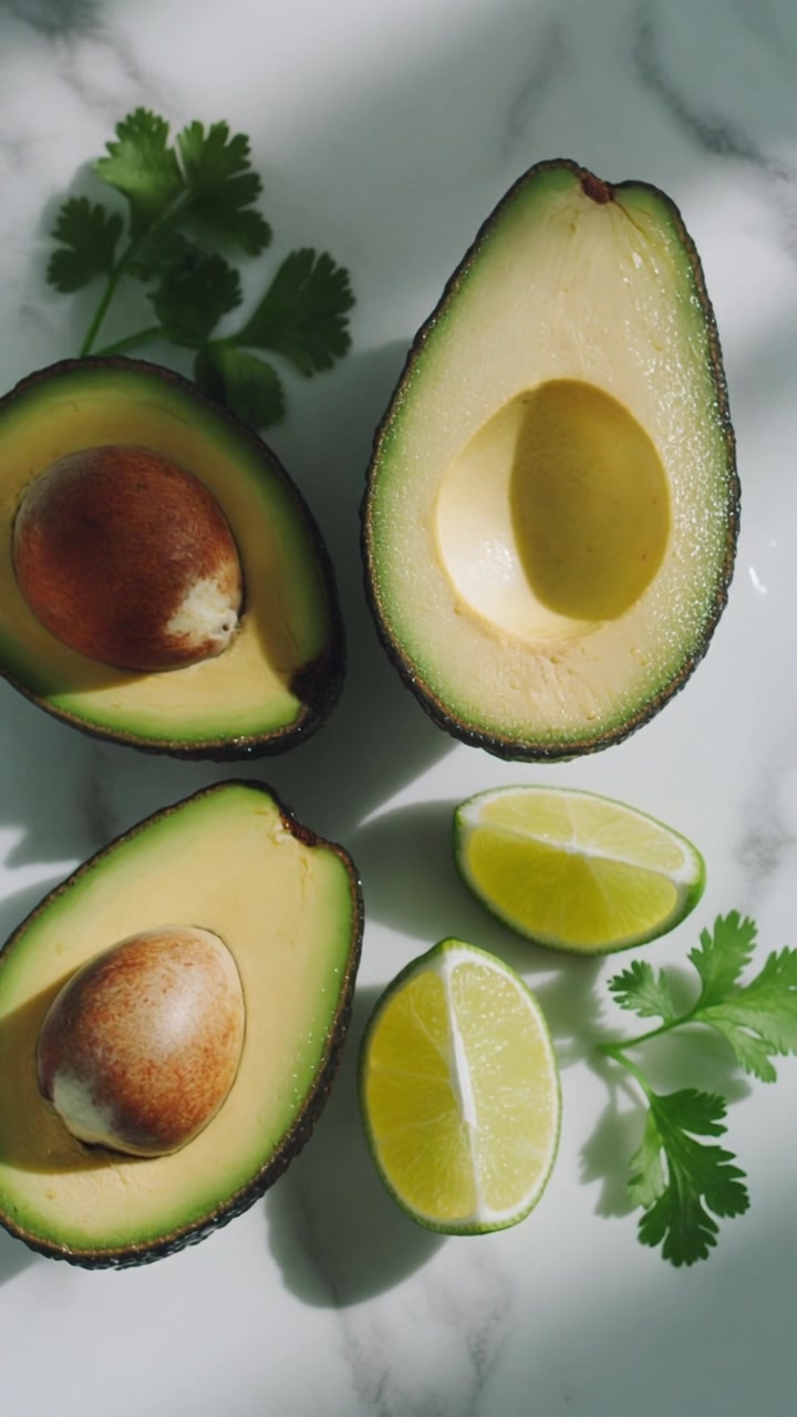 Avocado freschi tagliati a metà e spicchi di lime su superficie di marmo