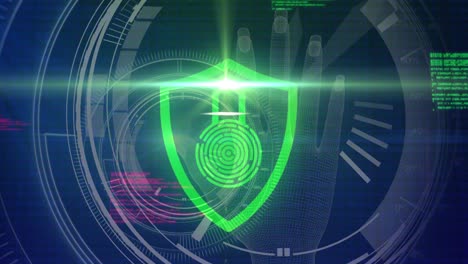 animación del candado de seguridad en línea con huellas dactilares biométricas, procesamiento de datos y escaneo de alcance