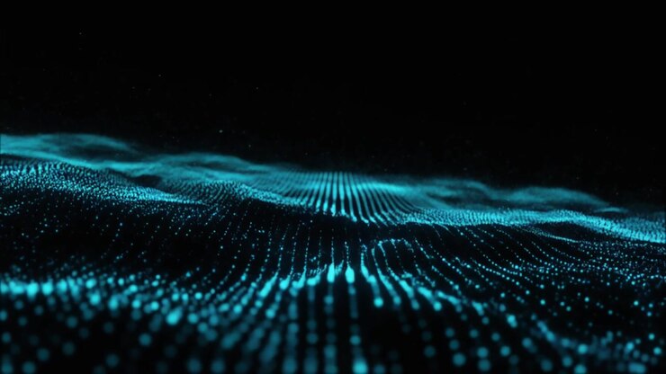 Onda digitale astratta di particelle blu luminose