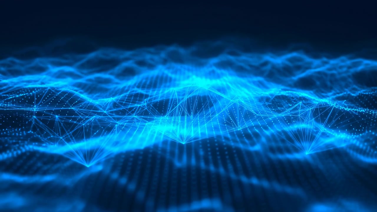 Abstract layered blue wave made of luminous digital lines and points stretching across a dark background, creating a futuristic flowing surface with depth