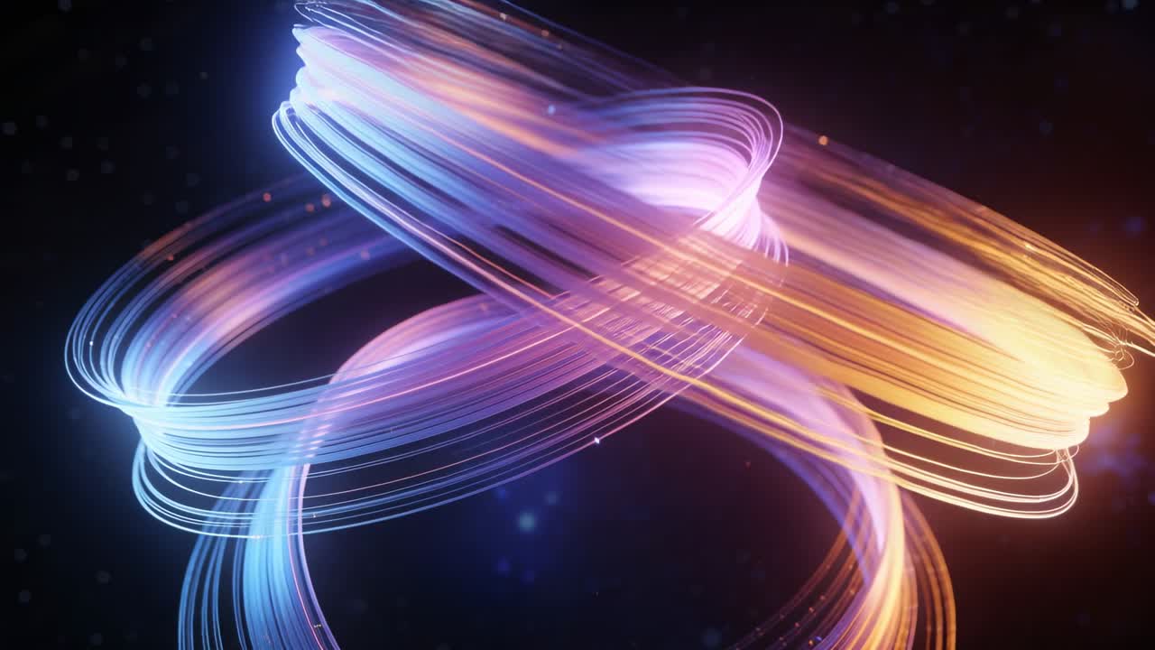 Vertical video: Unfolding ribbons reacting to frames, rotating and coiling in dark void with sparks