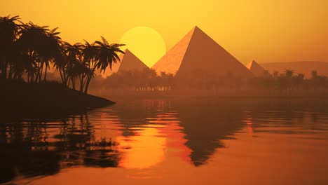 lake with palms, sand, and silhouettes of the ancient pyramids on the horizon. sunset with the landmark of the egyptian architecture. travel to an old, geometric, famous structures.