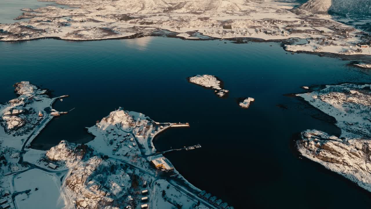 Skarungen Campsite Accommodation In Deep Snow, Lofoten Archipelago, Norway. Aerial Shot