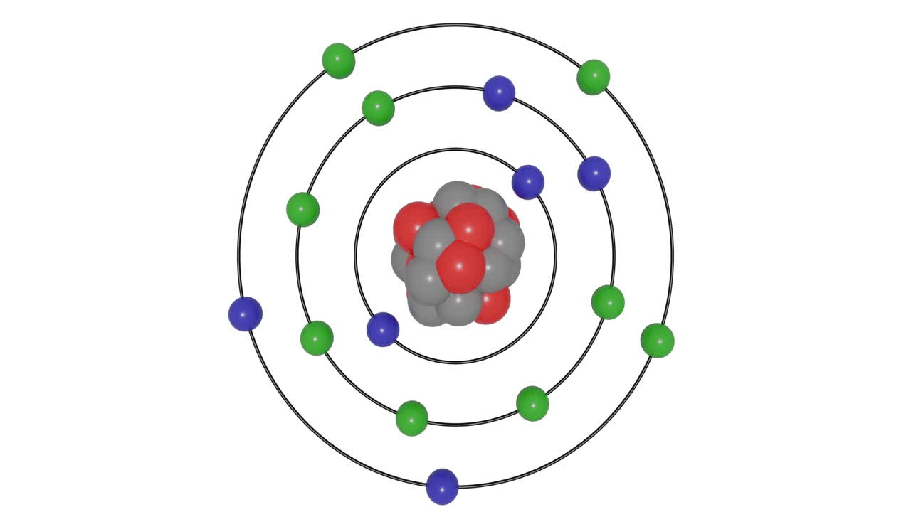 3D animation of a Phosphorus(P) atom in the Bohr model with electron orbits, nucleus, protons, neutrons, and energy levels in a seamless loop. Ideal for STEM education and scientific visualization