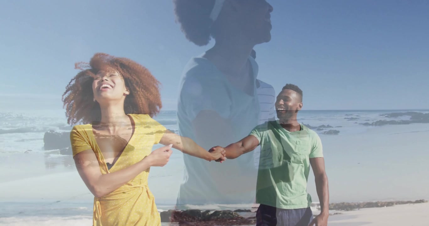 Travel ad showing couple at shore grasping hands spinning and running until friend joining handhold