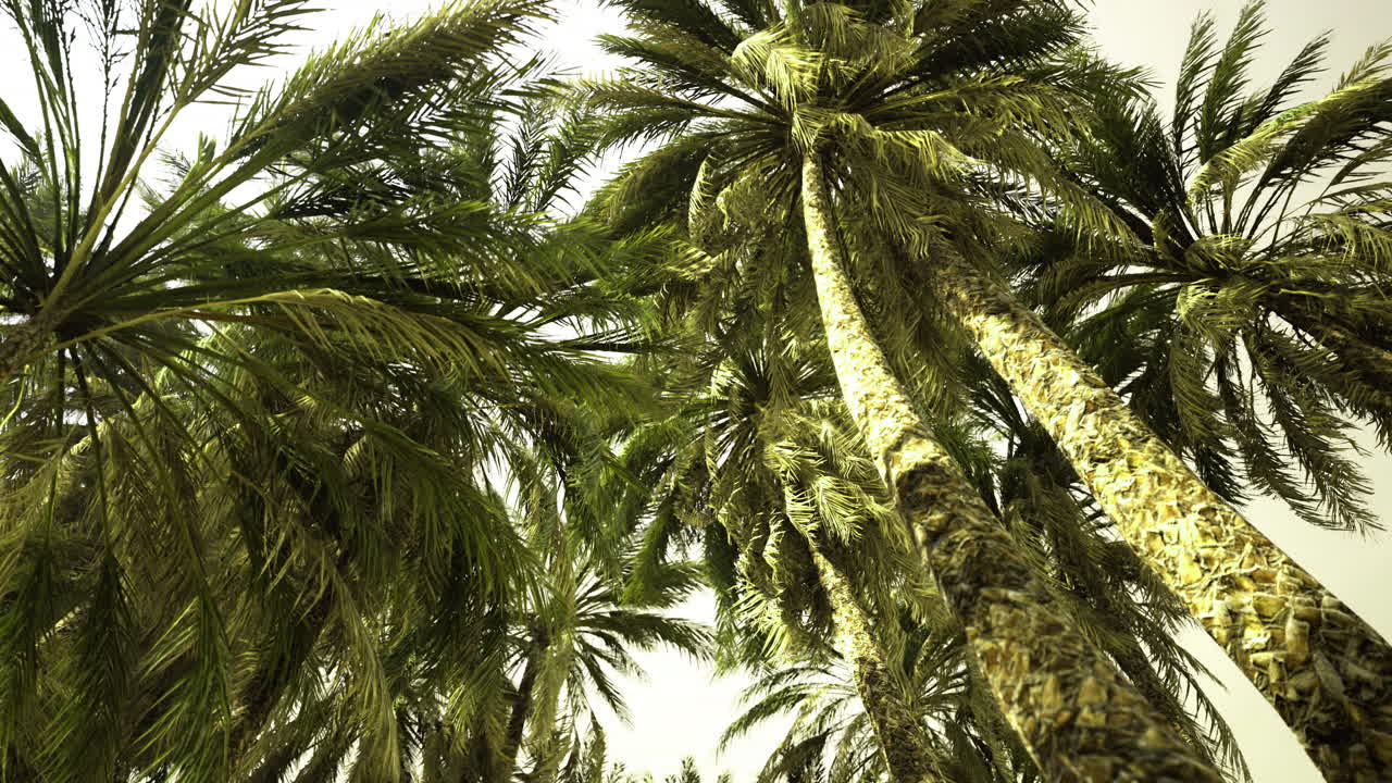 Sunny palm trees sway gently in the tropical breeze near the beach shoreline