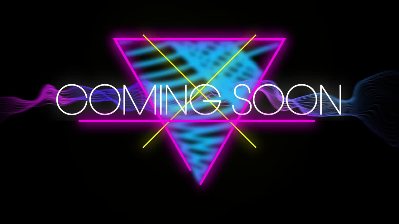 Animation of coming soon text over network of connections and neon triangle on black background