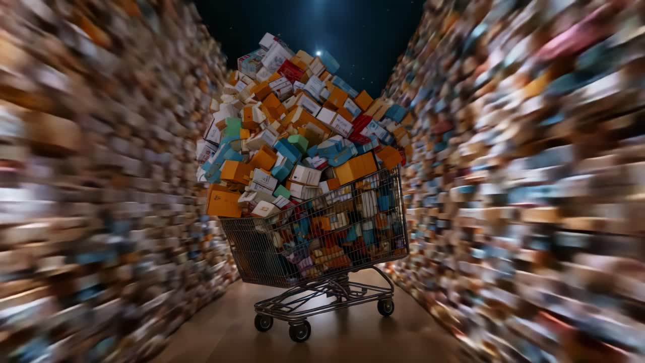 A Dynamic Display of Abundance: A Shopping Cart Overloaded with Colorful Packages Surrounded by a Blurred Background of More Boxes, Portraying a Sense of Overwhelming Choice and Consumerism